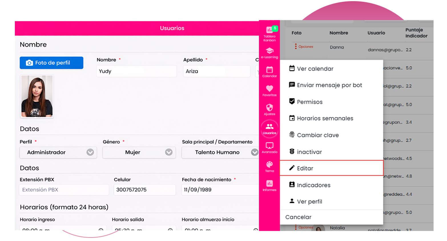 Editar perfil control de teletrabajo