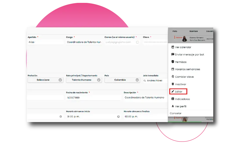 Editar perfil control de teletrabajo